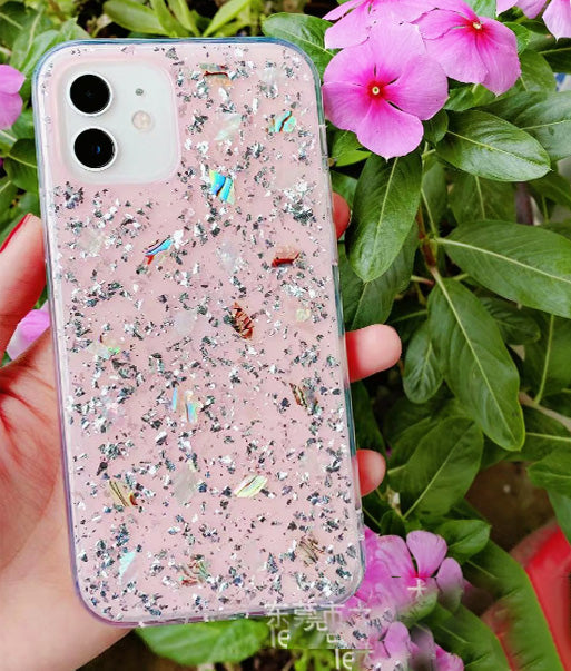 Iphone 11 pro max Fashion case with glitter, natural seashell accents, and foil detailing