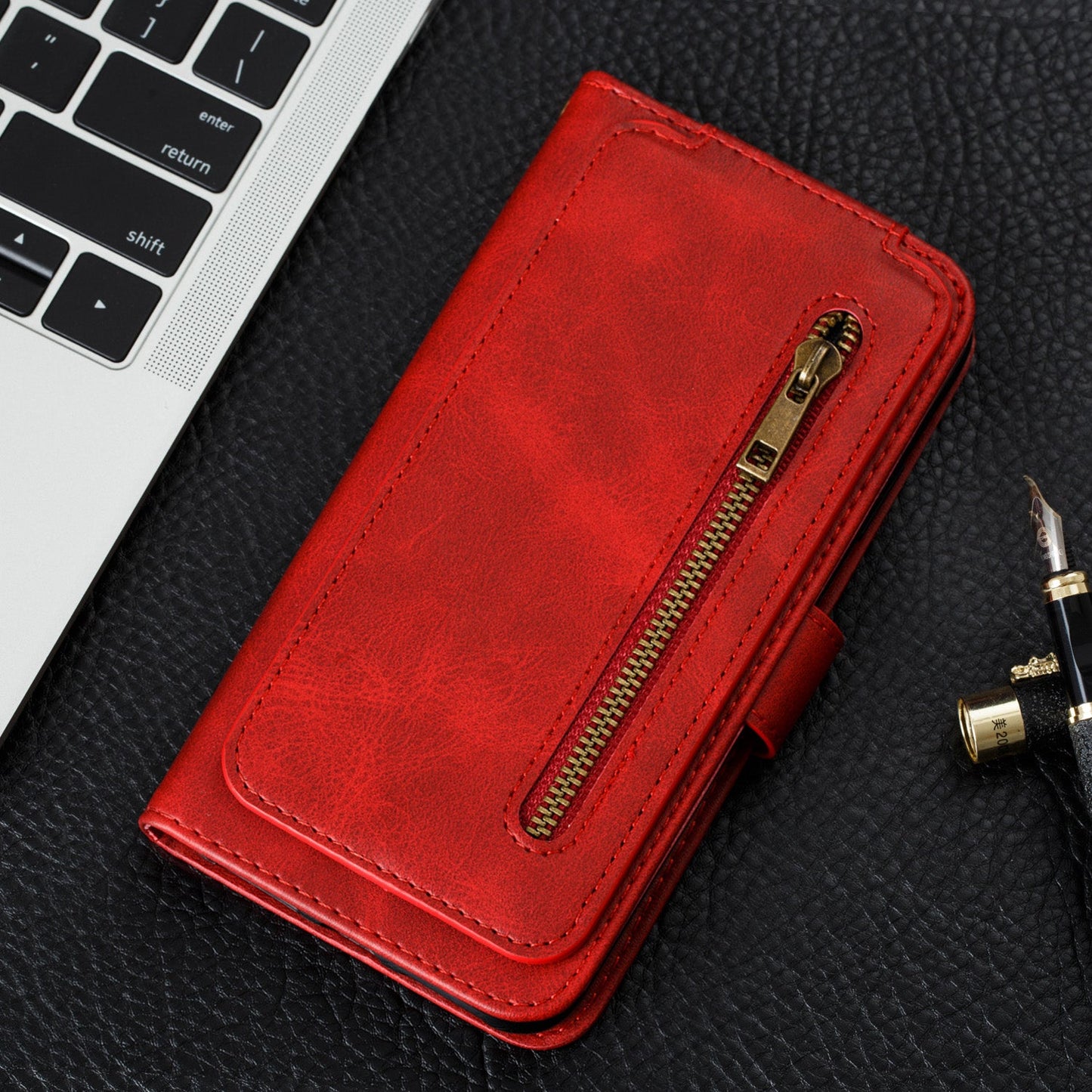 iphone 16e 9 card wallet vertical flip w front zipper cowhide finish (w-013)