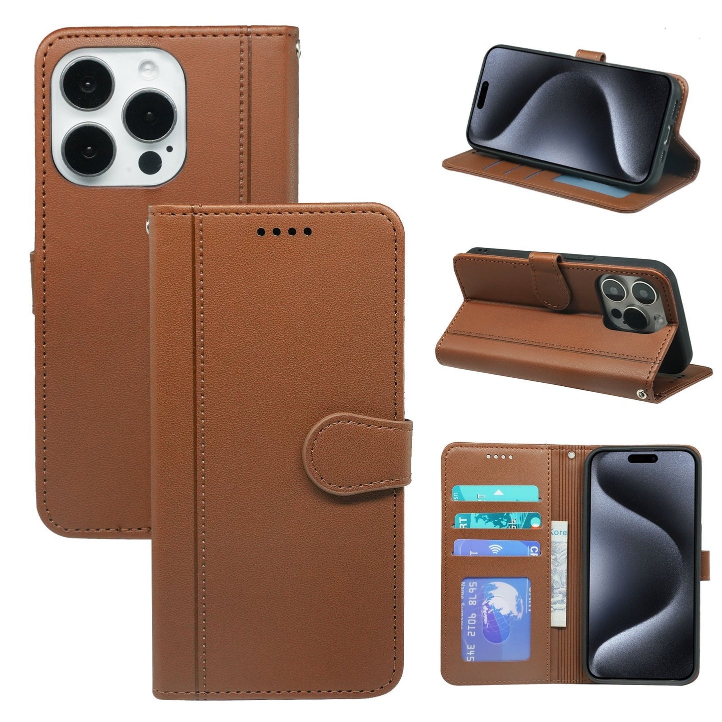 iphone 17 air PU leather flip case stitched, 3 card slot & front round shaped closure (w-R203C)