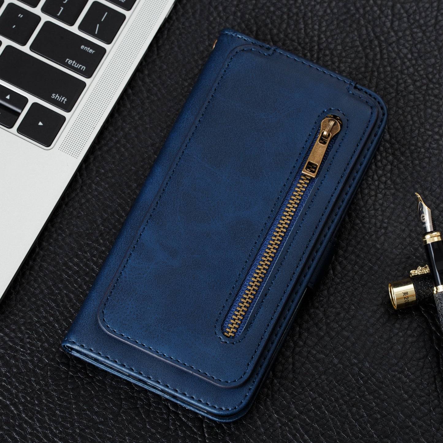 huawei p20 9 card wallet vertical flip w front zipper cowhide finish (w-013)