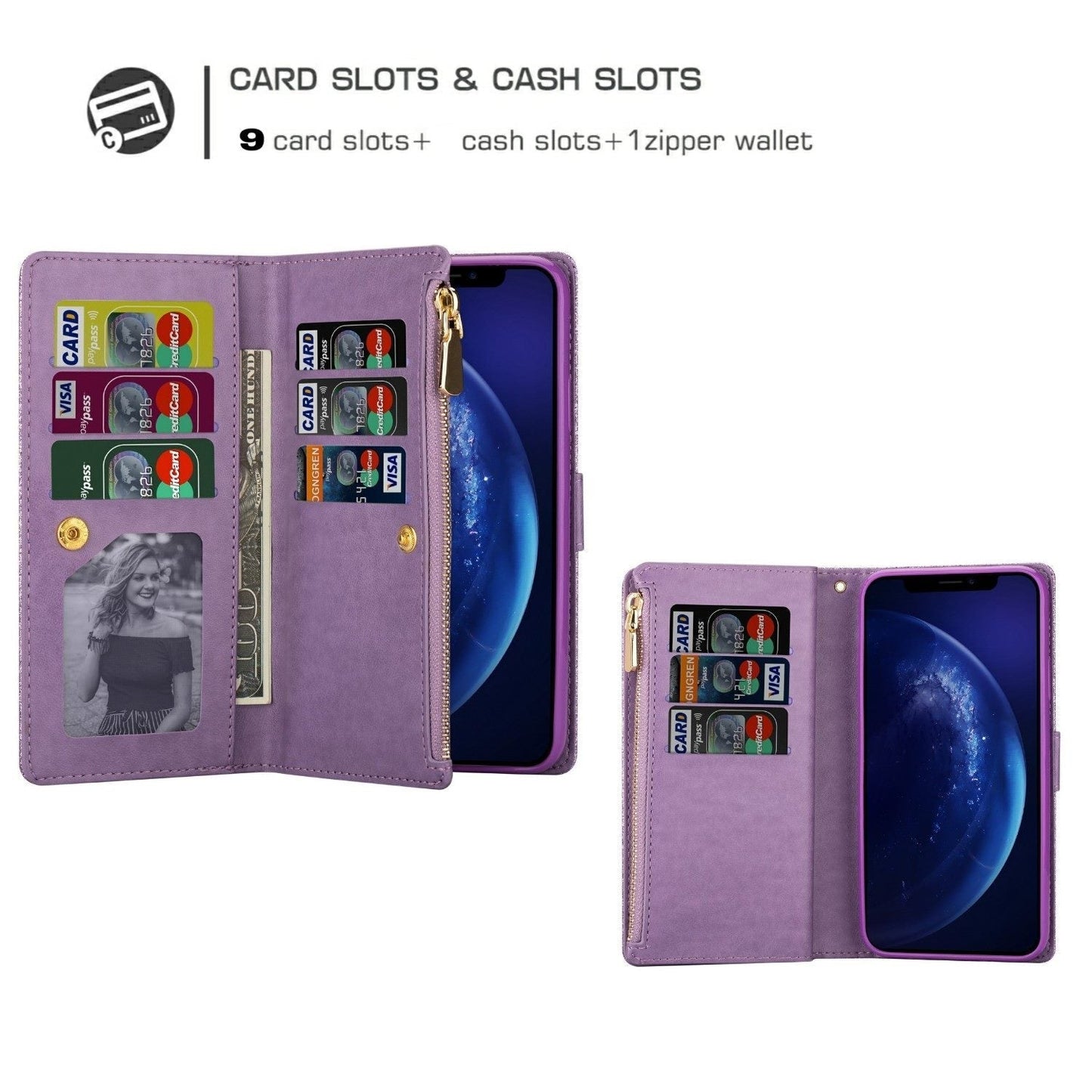 iphone 17 pro max multifunction wallet case glitter finish w lasered trim 9 card slots zipper pouch(w-009)