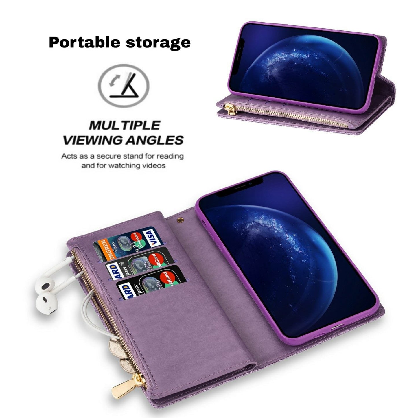 Google pixel 9 / 9 pro / 10 / 10 pro multifunction wallet case glitter finish w lasered trim 9 card slots zipper pouch(w-009)