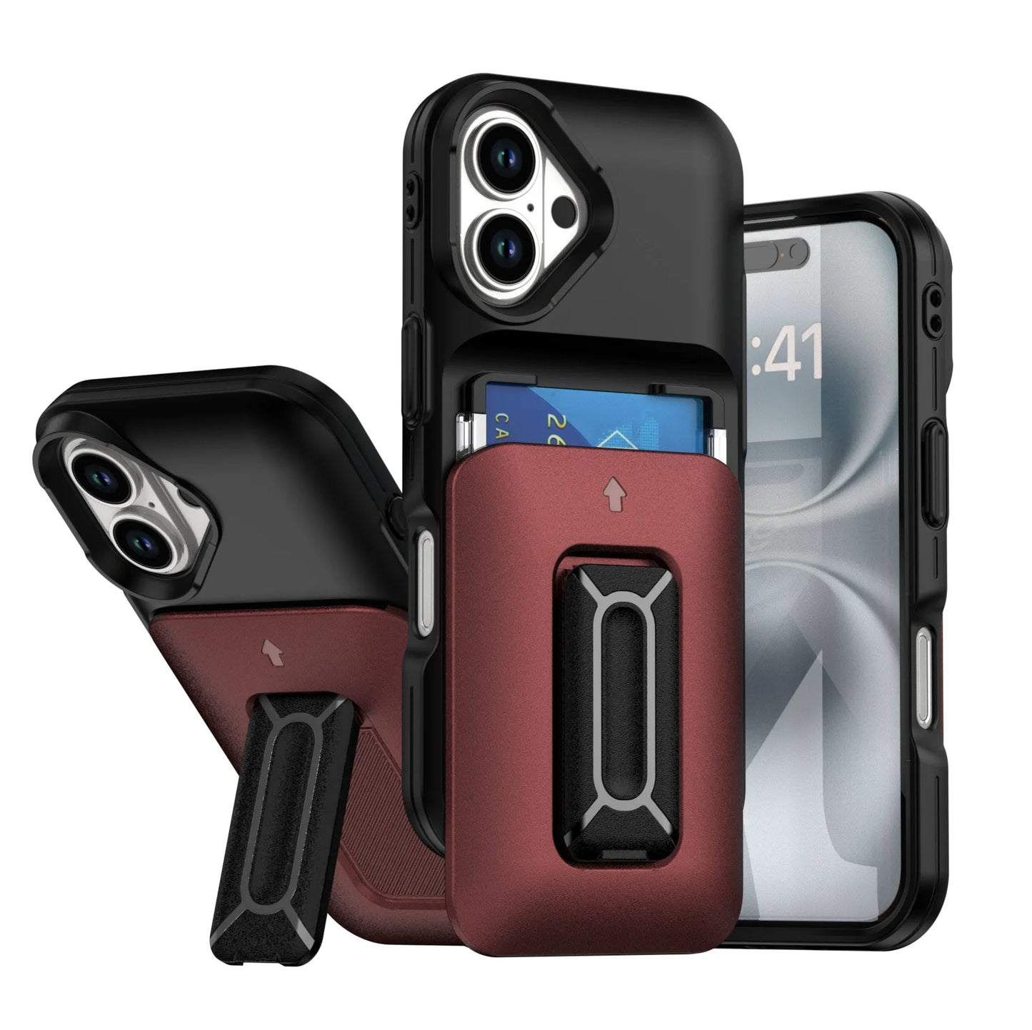 Iphone 11 dual layer case with 2 card compartment & dual position kickstand (B005)