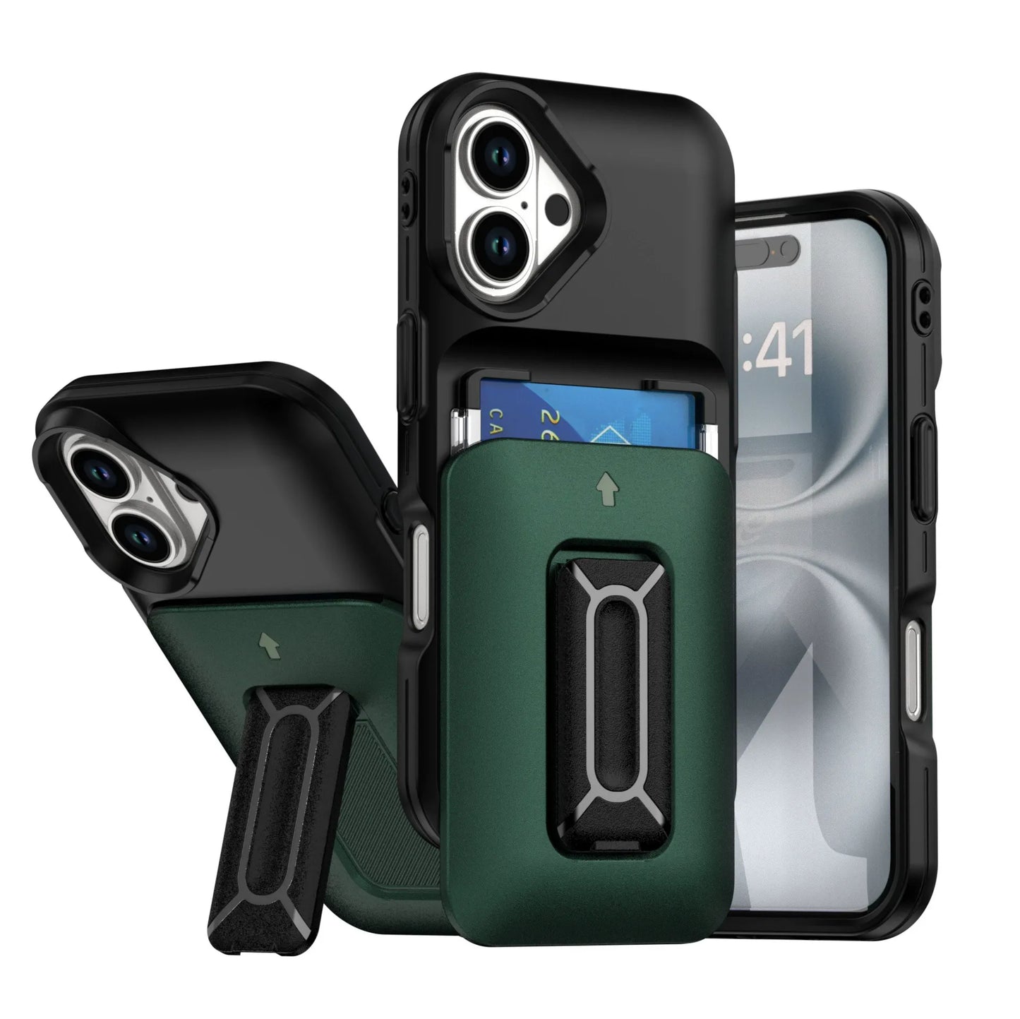 Iphone 11 dual layer case with 2 card compartment & dual position kickstand (B005)