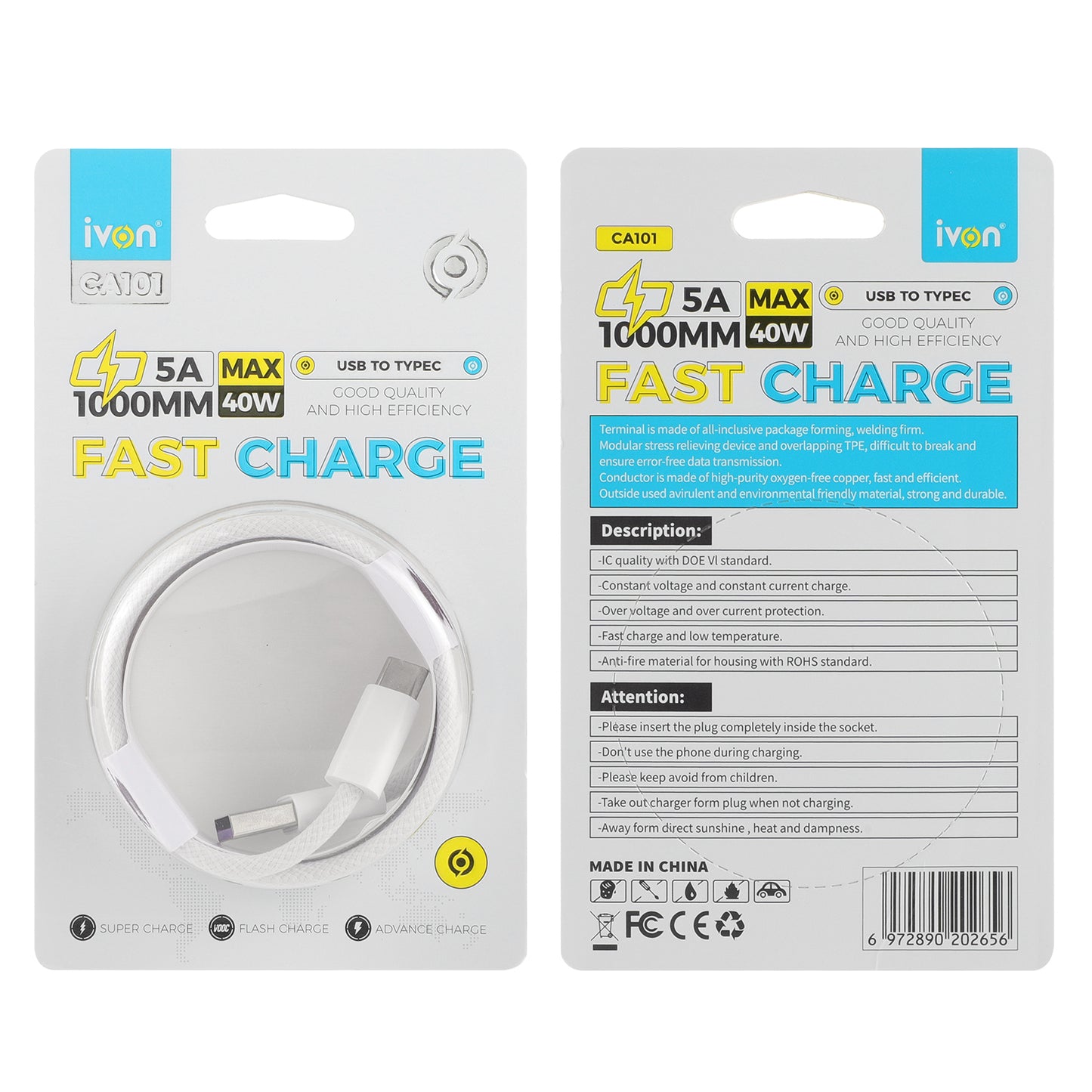 ivon 3a usb A to type c fast charge 1m strong and braided cable (ca101-c)