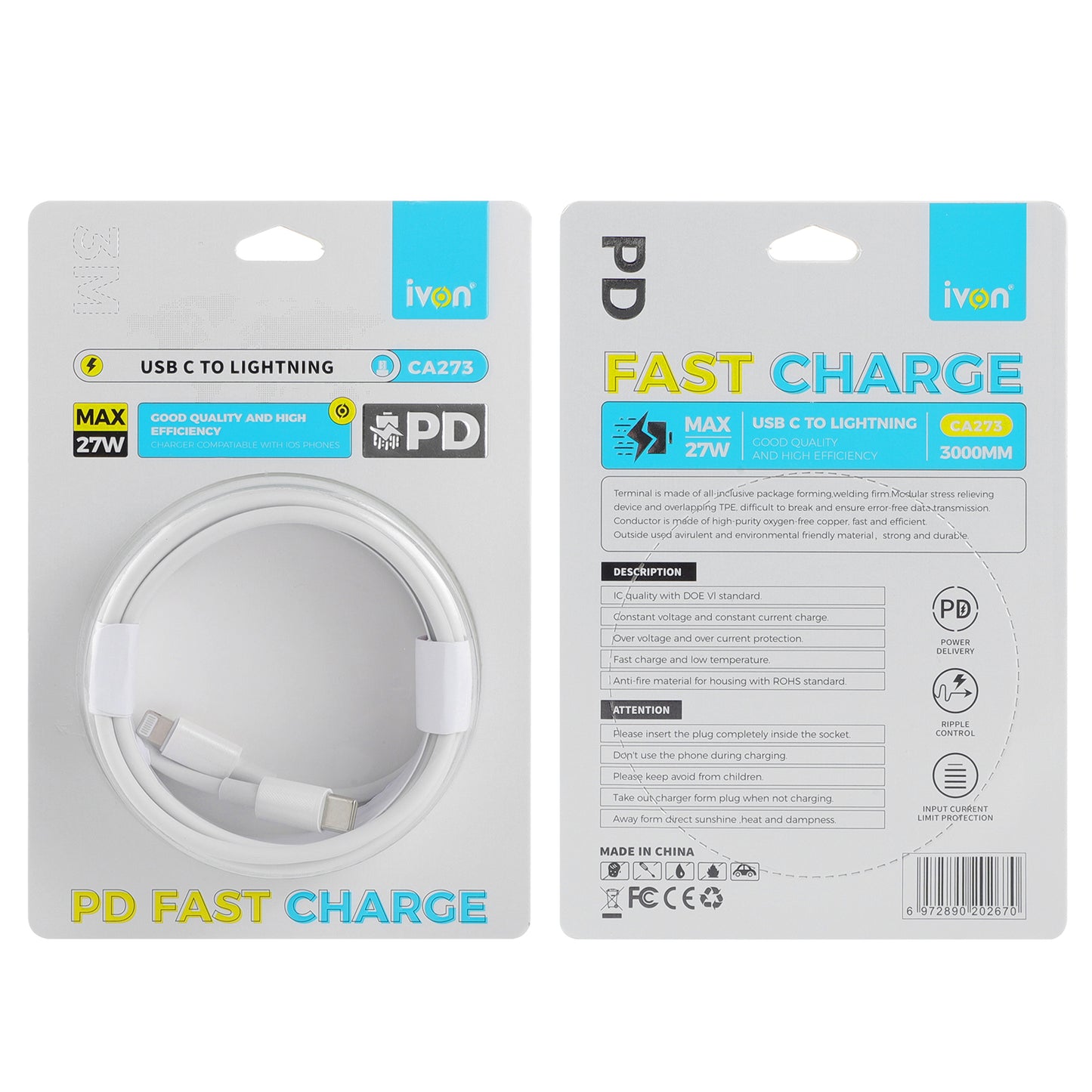 Ivon 3M PD 27W Type C to Lightning fast cable (ca273)