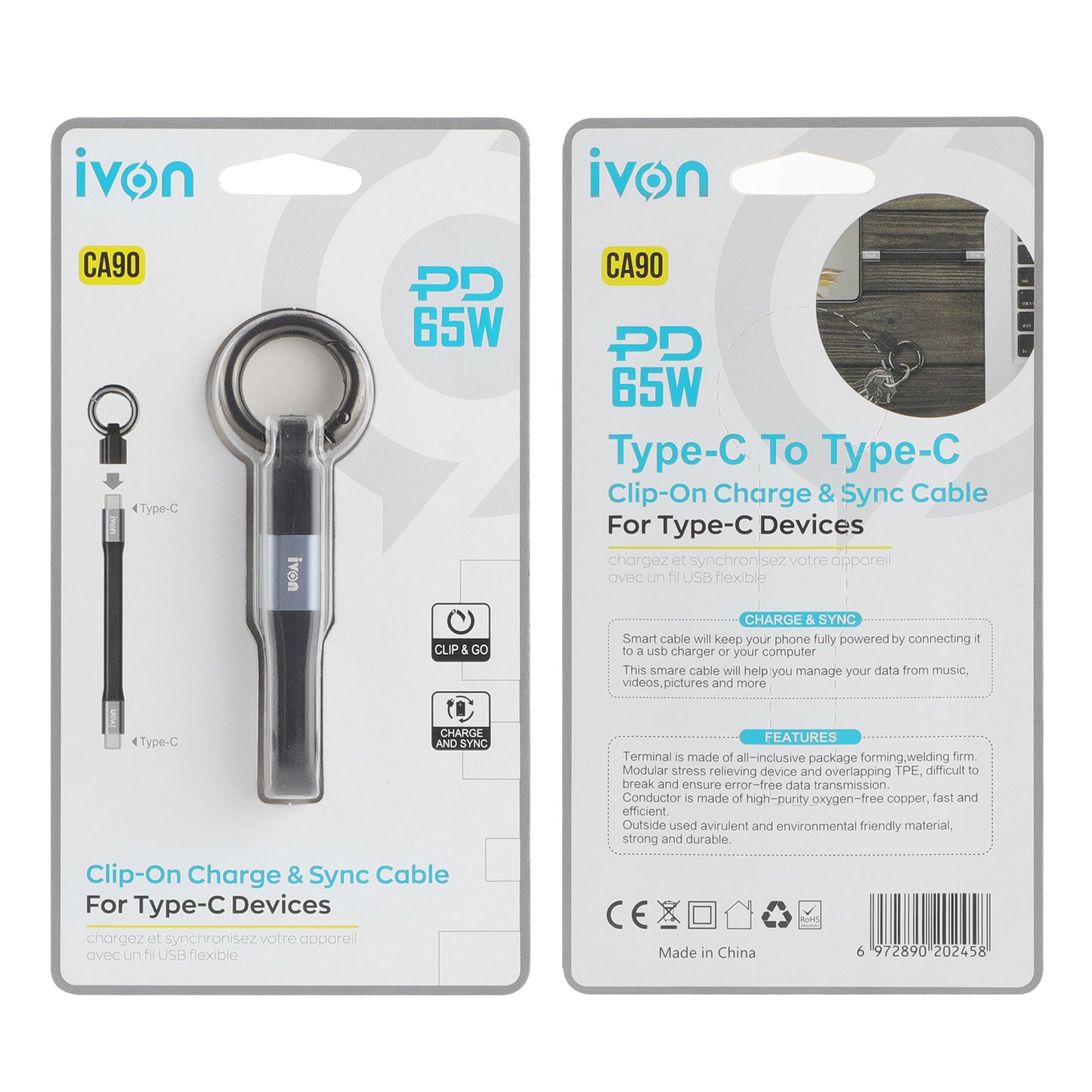 ivon Clip-on charge & Sync Cable with Key Ring PD 60W usb c to usb c (ca90-CC)
