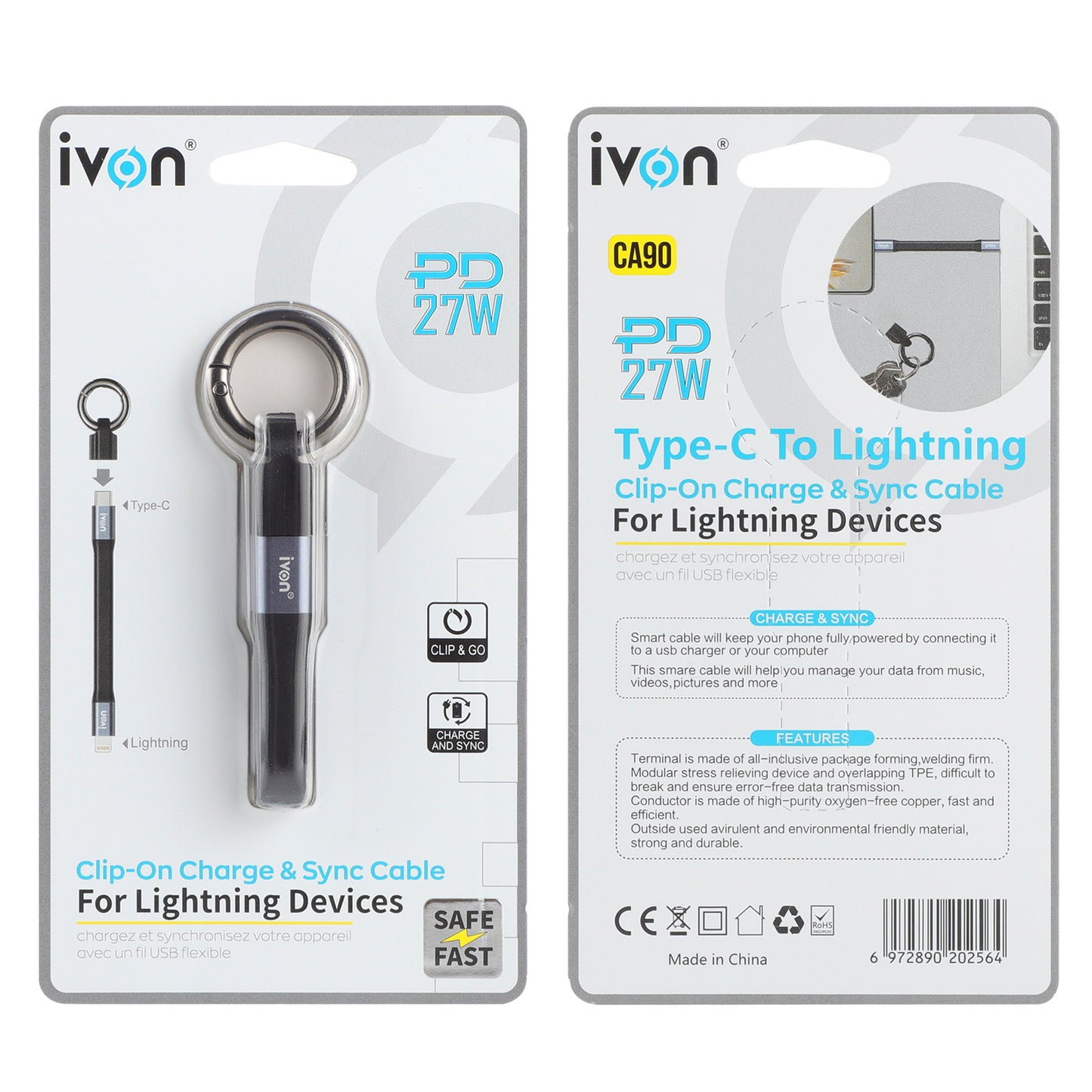 ivon Clip-on charge & Sync Cable with Key Ring PD 27W usb c to lightning (ca90-CL)