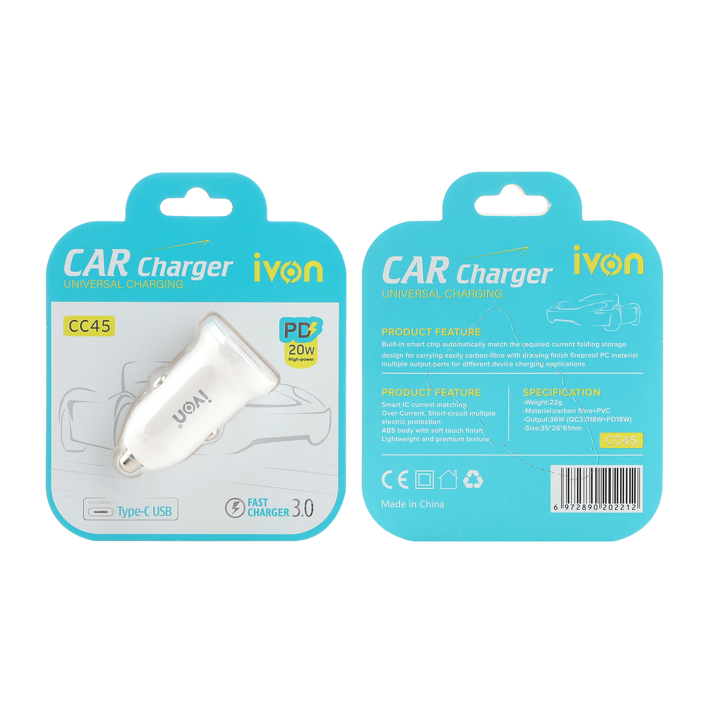 Ivon Dual port Car Charger : ( usb a + usb c ) PD+QC3.0 fast charge 25W for single using 5V 3.5 for dual cc40