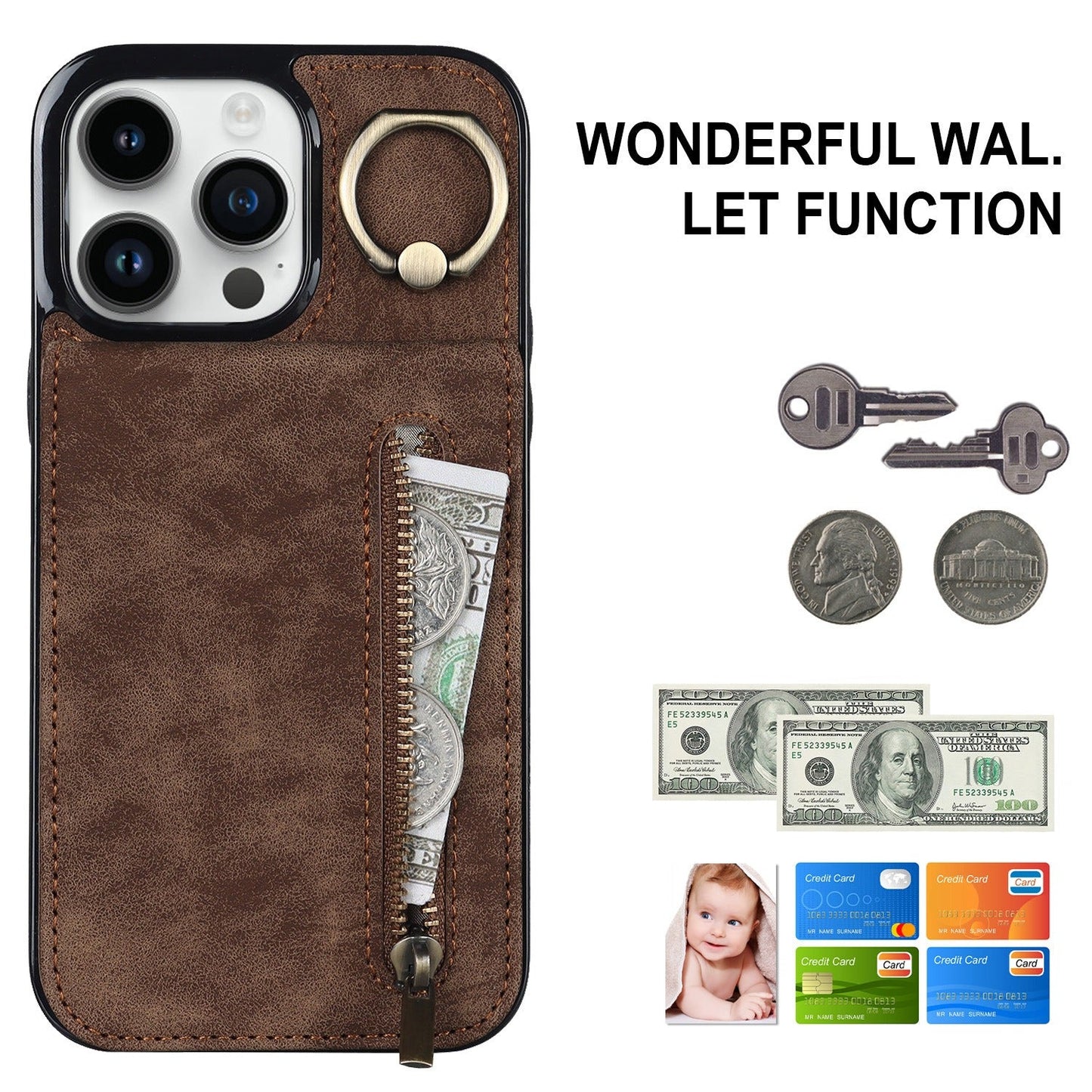 iphone 14 plus back wallet case with ring and zipper pocket RFID