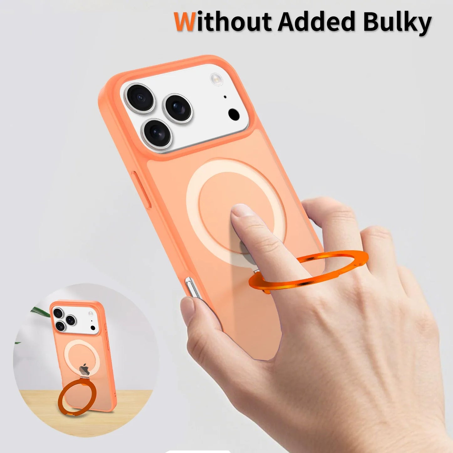 Iphone 17 series cosmetic orange color soft-touch frosted bumper Case with Foldable Magnetic Ring Kickstand, Shockproof