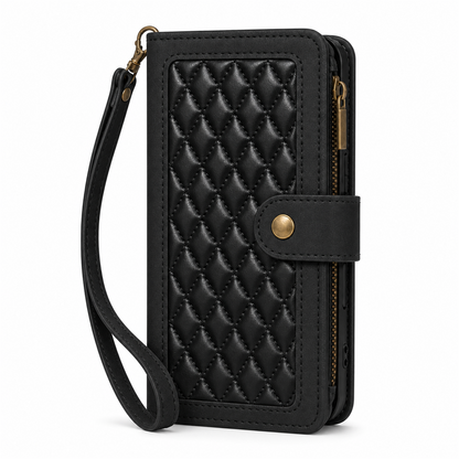 Google Pixel 10 Quilted Zip Wallet Case suede finish dual tone 9 card (w-017)