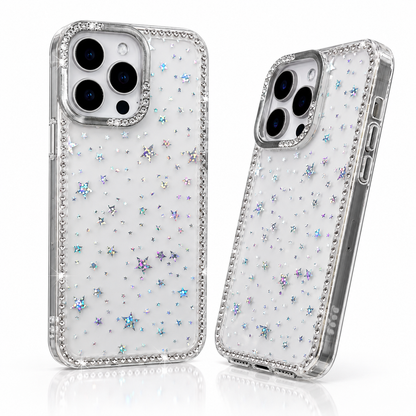 iPhone 16 Slim fit clear case with glitter star pattern camera protection