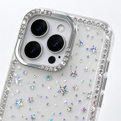 iPhone 16 Slim fit clear case with glitter star pattern camera protection