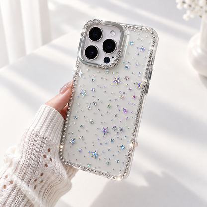 iPhone 16 Slim fit clear case with glitter star pattern camera protection