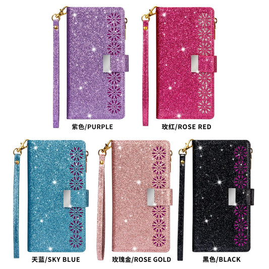 samsung galaxy xcover 7 pro multifunction wallet case glitter finish w lasered trim 9 card slots zipper pouch(w-009)