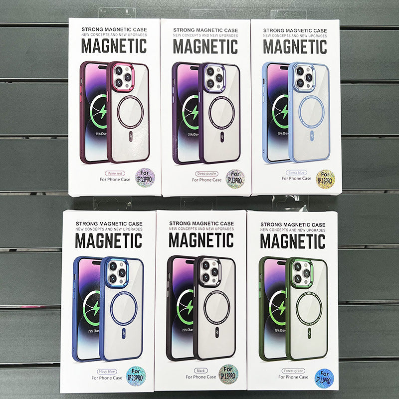 Iphone 15 pro Clear-back MagSafe case with colored bumper and metallic camera frame