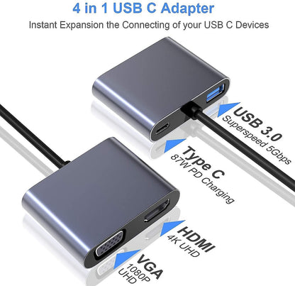 4-in-1 USB-C Hub Adapter HDMI VGA USB 3.0 PD Charging Converter