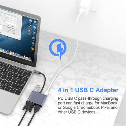 4-in-1 USB-C Hub Adapter HDMI VGA USB 3.0 PD Charging Converter