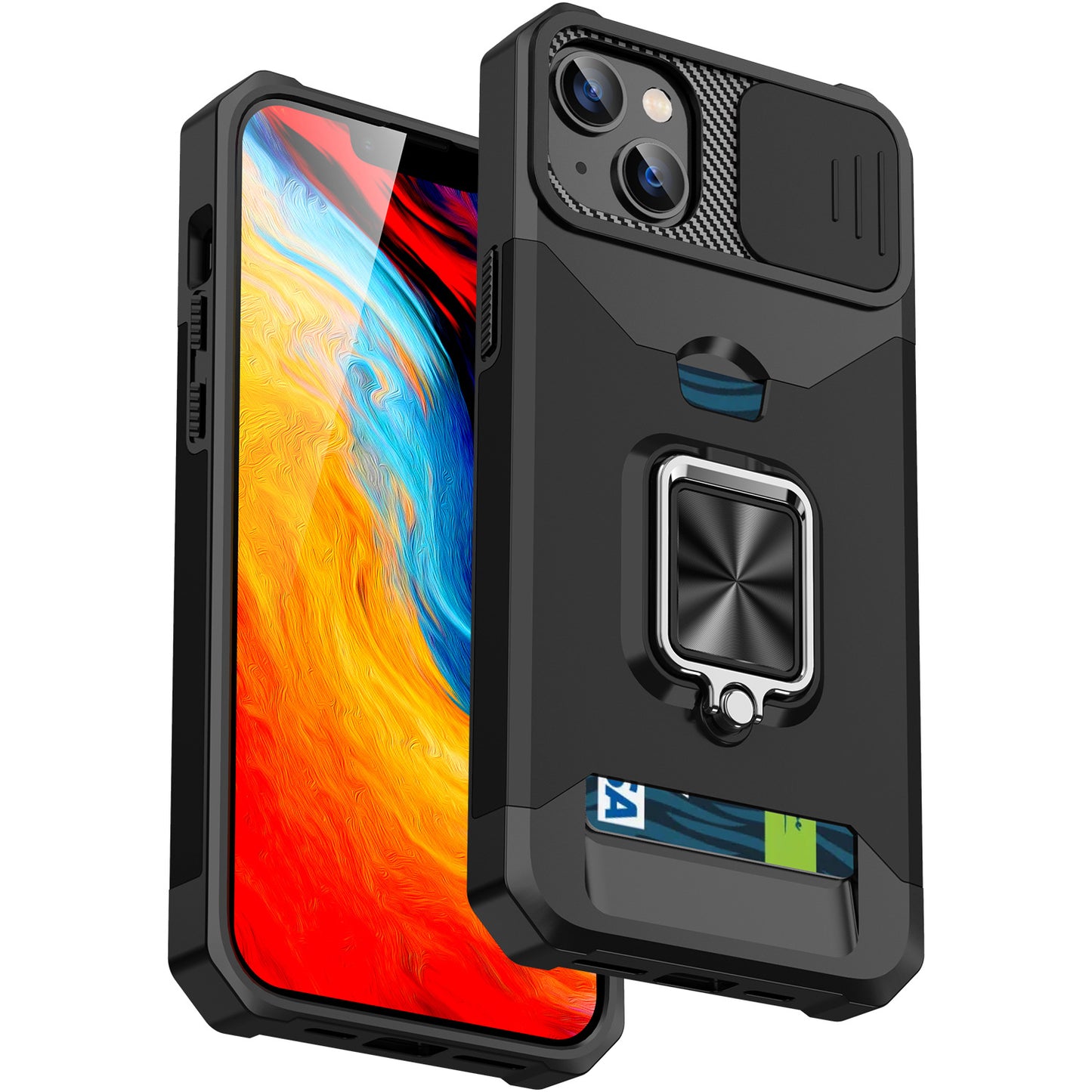 Iphone 13 pro max dual layer case with card slot ring holder & camera shutter (B004)