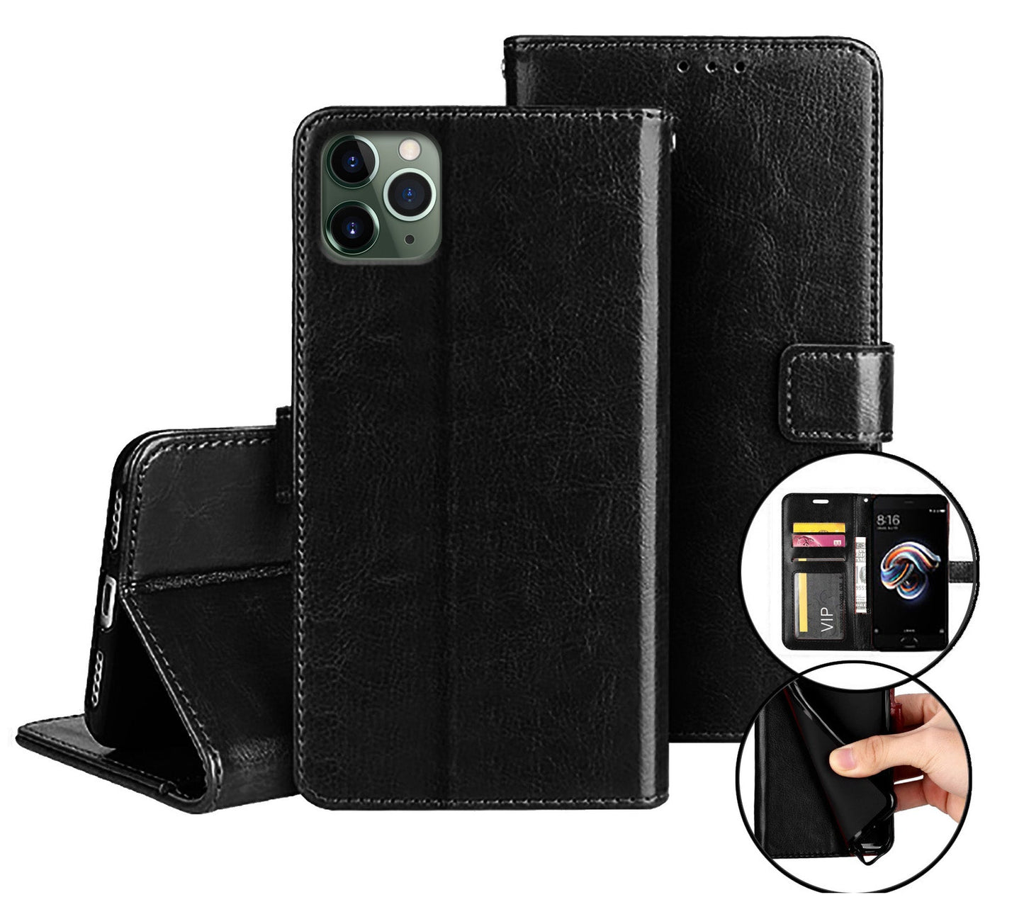 Honor magic8 pro flip wallet case cow hide glossy finish with 3 card slots (w-003)