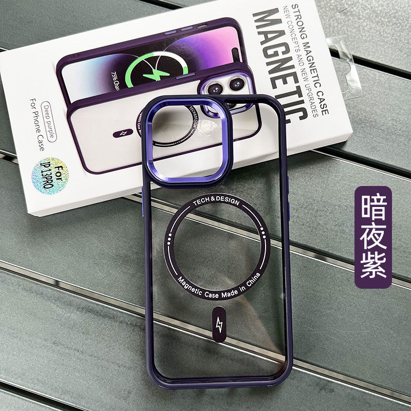 Iphone 15 Clear-back MagSafe case with colored bumper and metallic camera frame