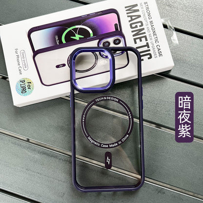 Iphone 15 Clear-back MagSafe case with colored bumper and metallic camera frame