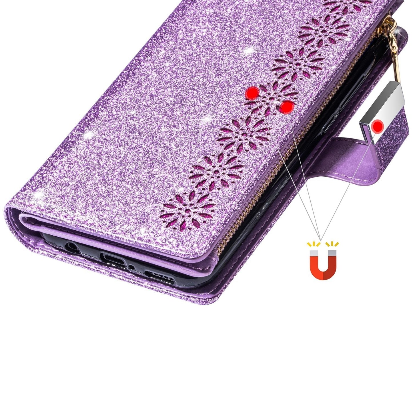 Honor magic8 pro multifunction wallet case glitter finish w lasered trim 9 card slots zipper pouch(w-009)