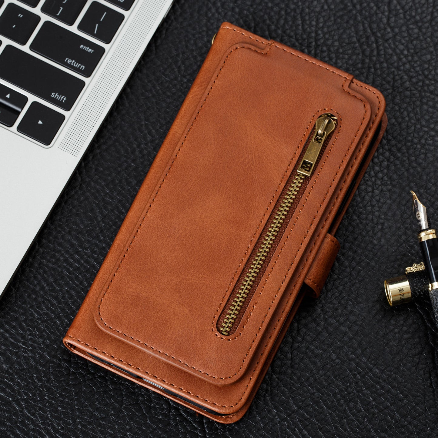 huawei mate 20 9 card wallet vertical flip w front zipper cowhide finish (w-013)