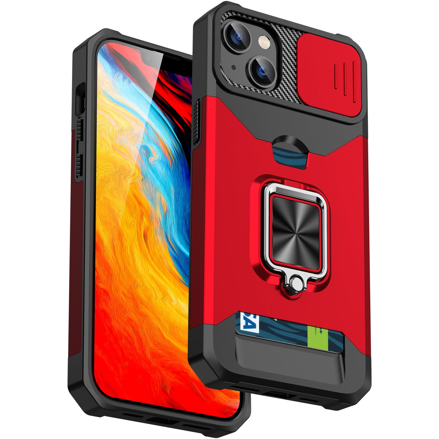 Iphone 13 pro max dual layer case with card slot ring holder & camera shutter (B004)