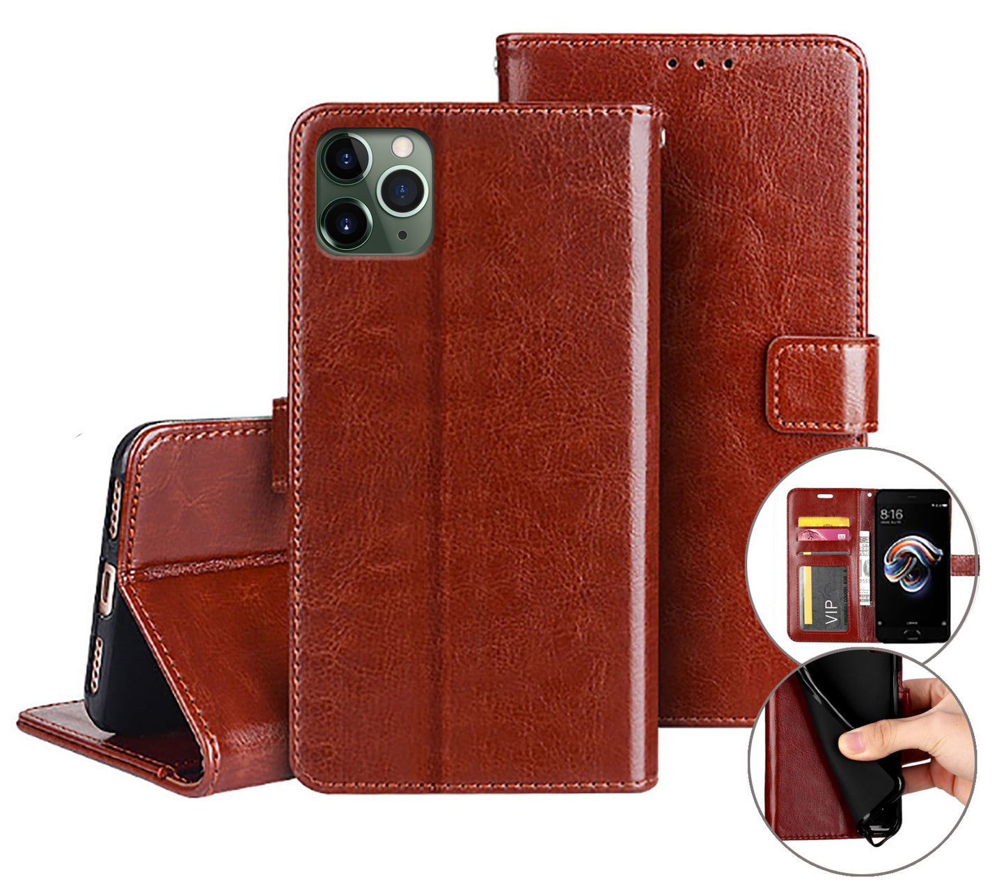 huawei mate 20 flip wallet case cow hide glossy finish with 3 card slots (w-003)