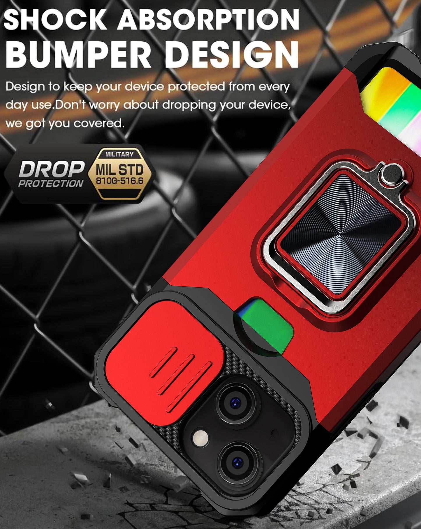 Iphone 14 pro max dual layer case with card slot ring holder & camera shutter (B004)