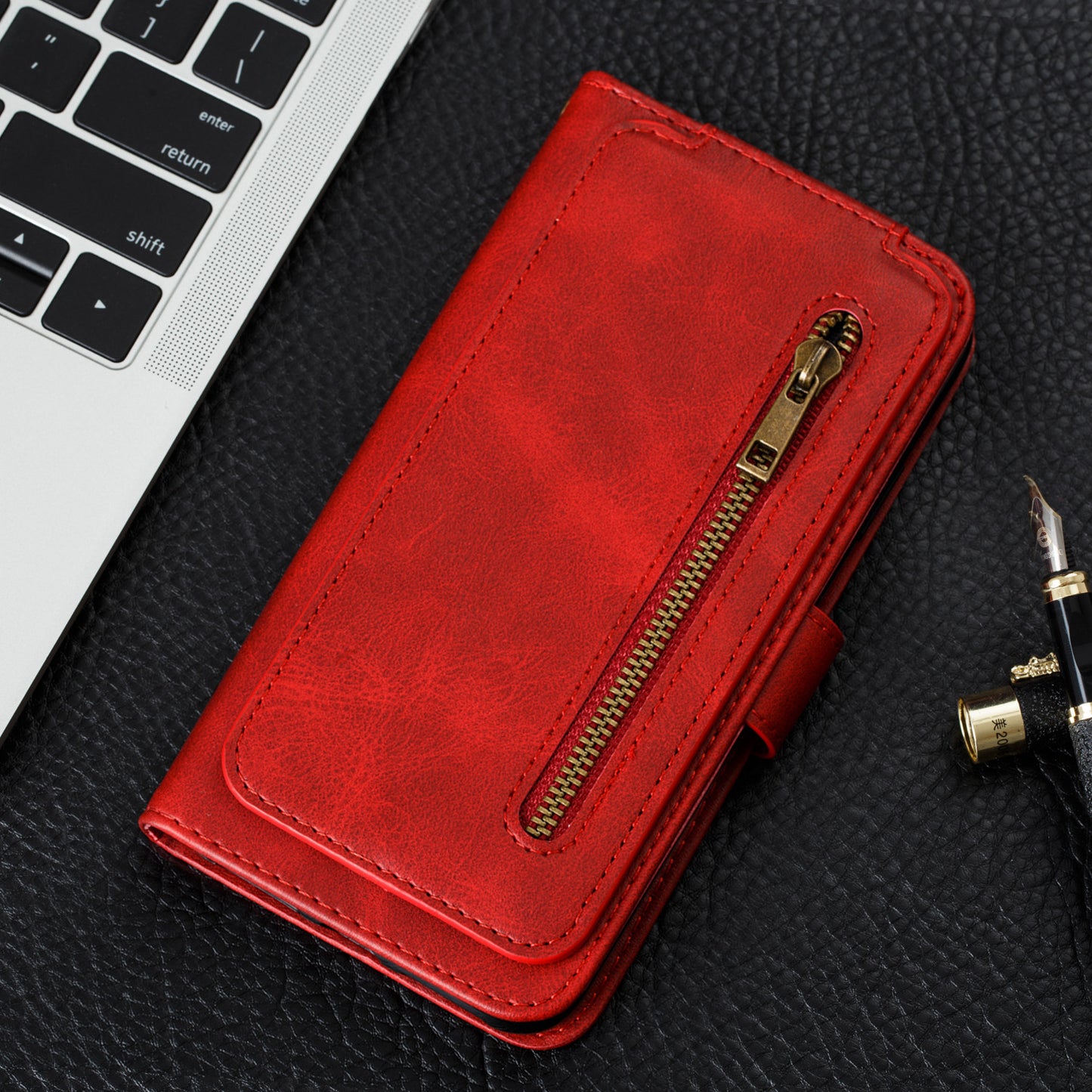 huawei mate 20 pro 9 card wallet vertical flip w front zipper cowhide finish (w-013)