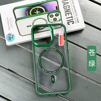 Iphone 15 Clear-back MagSafe case with colored bumper and metallic camera frame