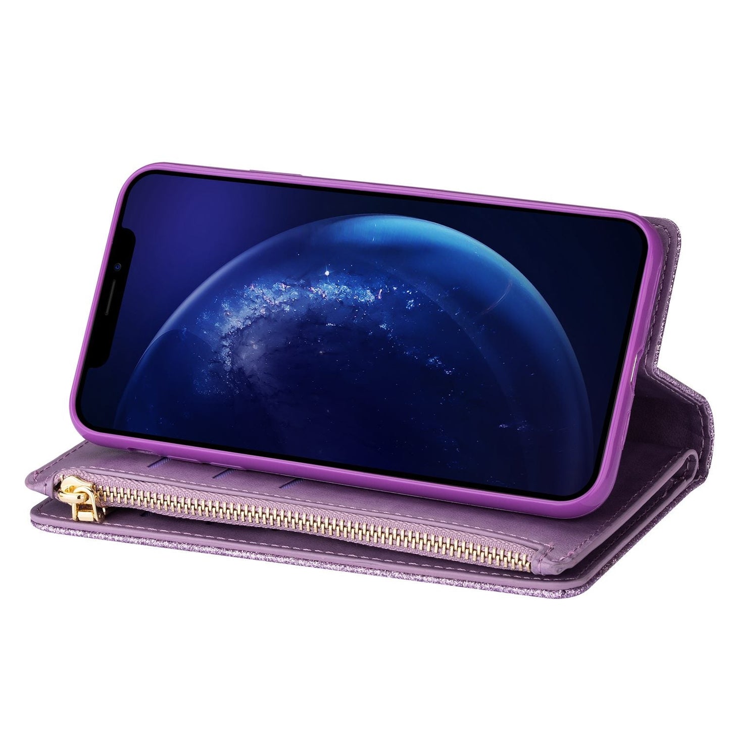 iphone 17 pro max multifunction wallet case glitter finish w lasered trim 9 card slots zipper pouch(w-009)