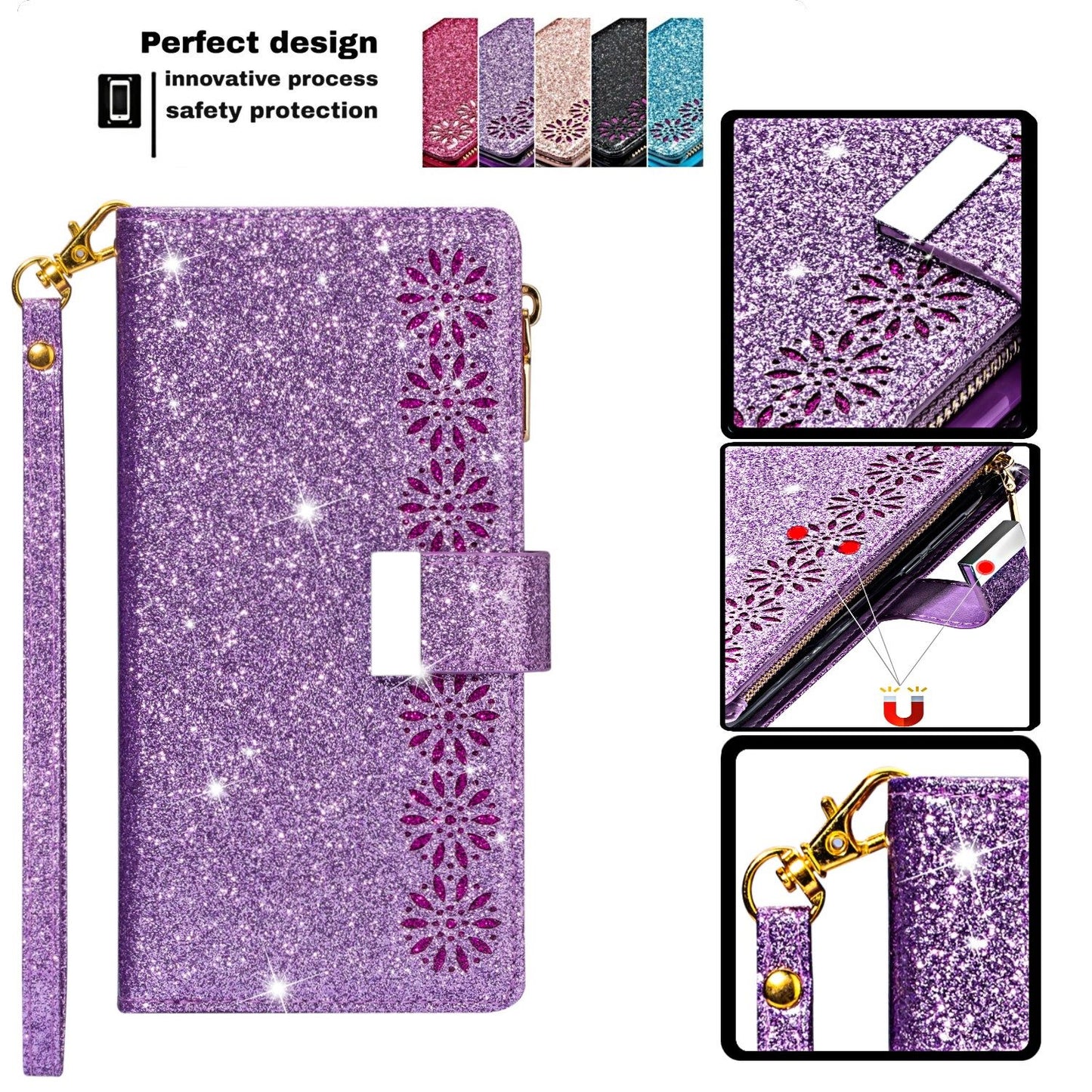 oppo a60 5g/a40 multifunction wallet case glitter finish w lasered trim 9 card slots zipper pouch(w-009)