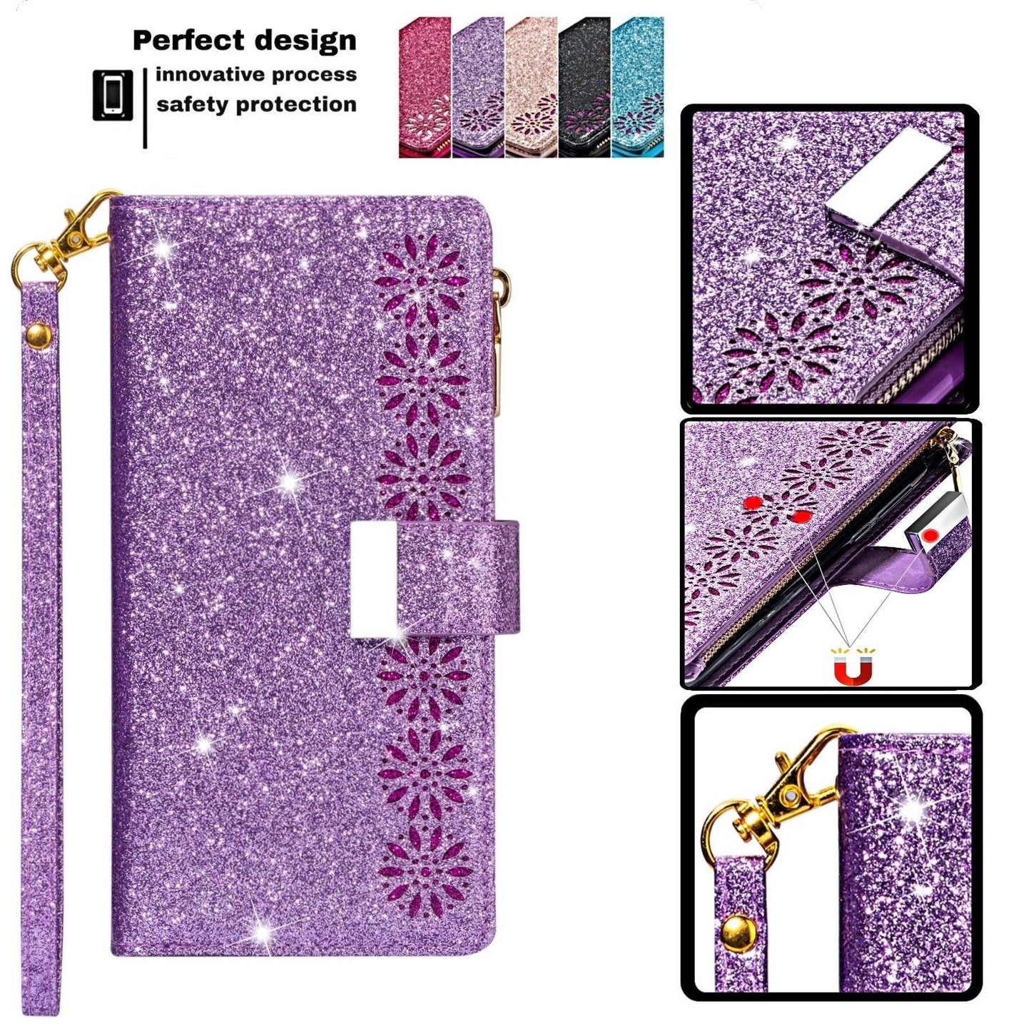 samsung galaxy xcover 7 pro multifunction wallet case glitter finish w lasered trim 9 card slots zipper pouch(w-009)