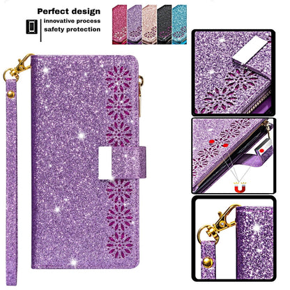 samsung galaxy xcover 7 pro multifunction wallet case glitter finish w lasered trim 9 card slots zipper pouch(w-009)