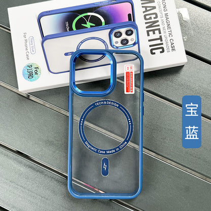 Iphone 15 Clear-back MagSafe case with colored bumper and metallic camera frame