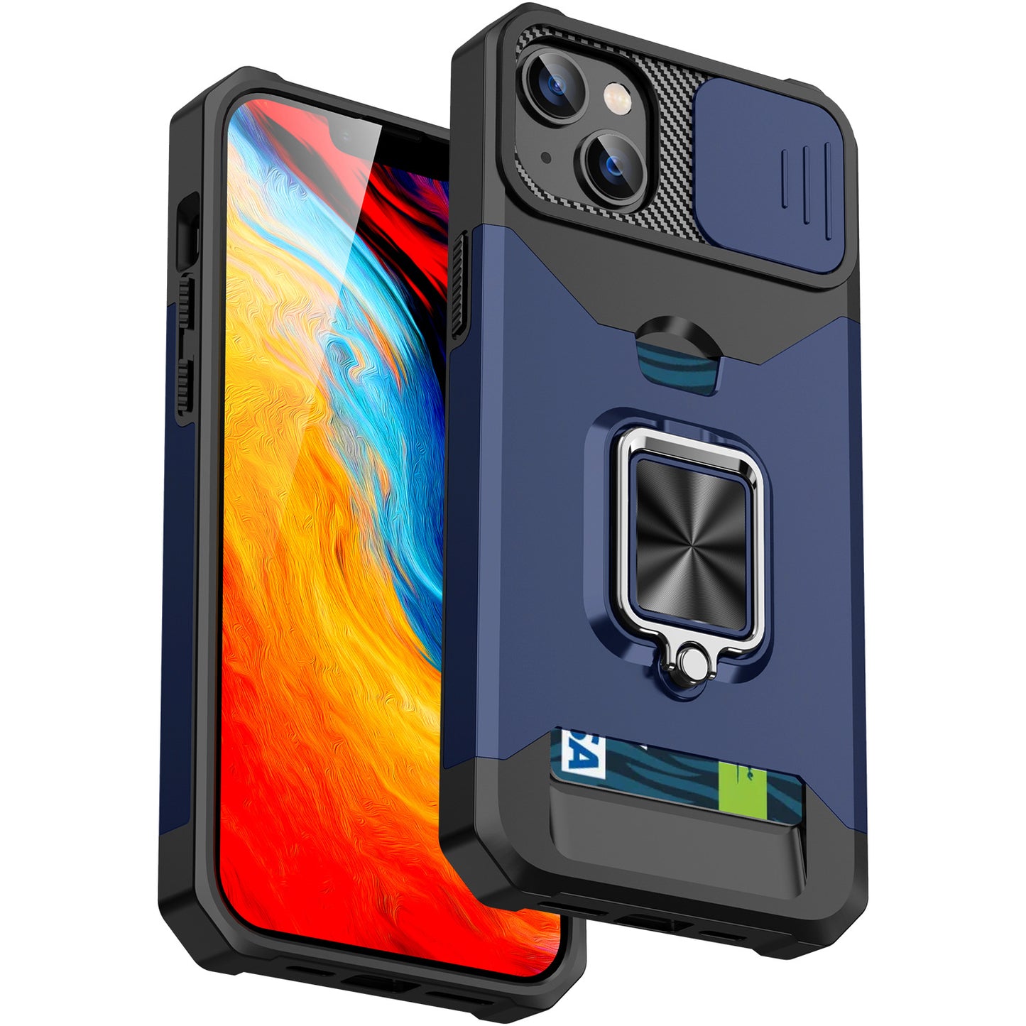 Iphone 12 pro max dual layer case with card slot ring holder & camera shutter (B004)