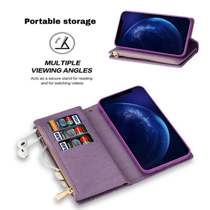 samsung galaxy xcover 7 pro multifunction wallet case glitter finish w lasered trim 9 card slots zipper pouch(w-009)