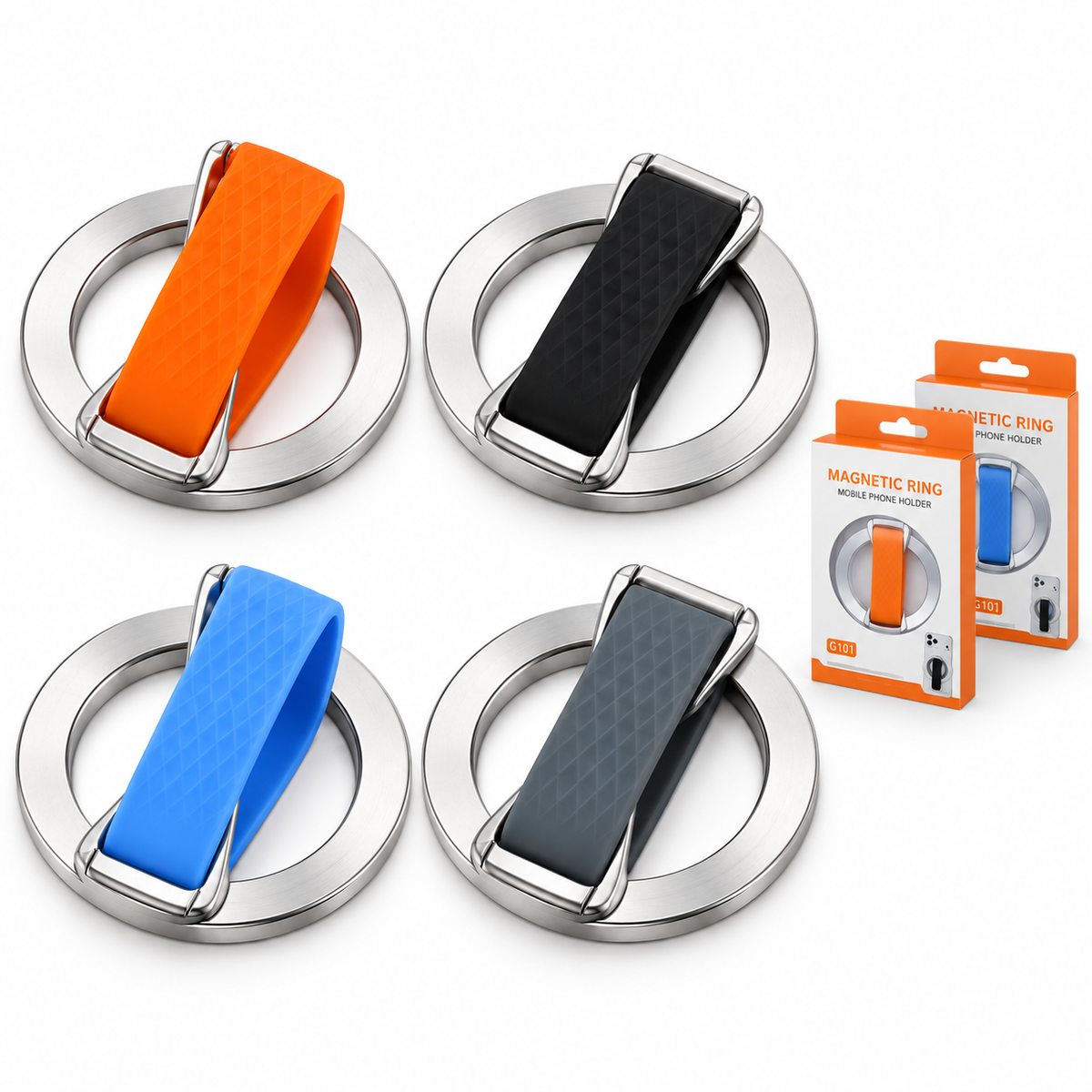 Magnetic Phone Grip & Foldable Stand with Soft Silicone Finger Strap