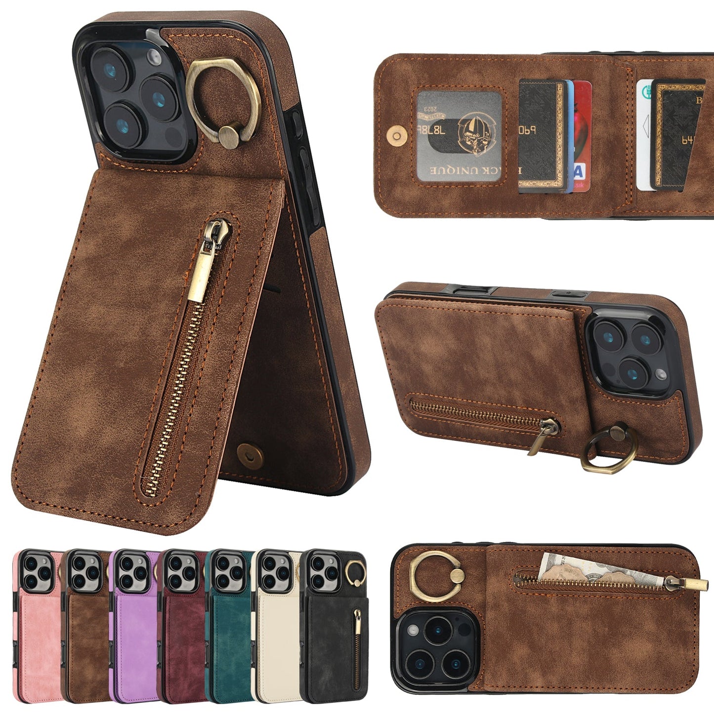 iphone 12 mini back wallet case with ring and zipper pocket RFID