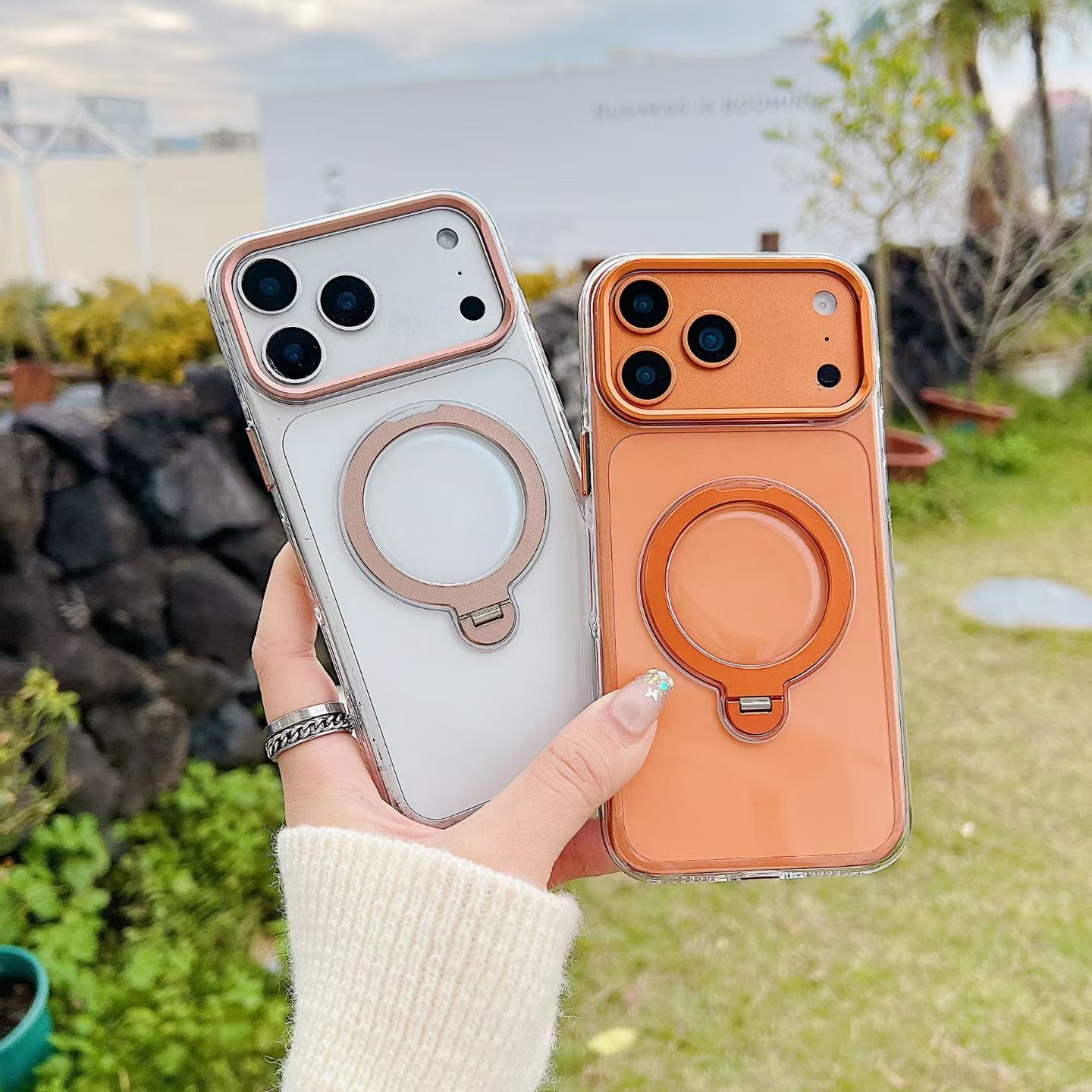 IPhone 13 pro max Crystal Clear MagSafe Case with Rotating Magnetic Ring & Metallic Camera Frame