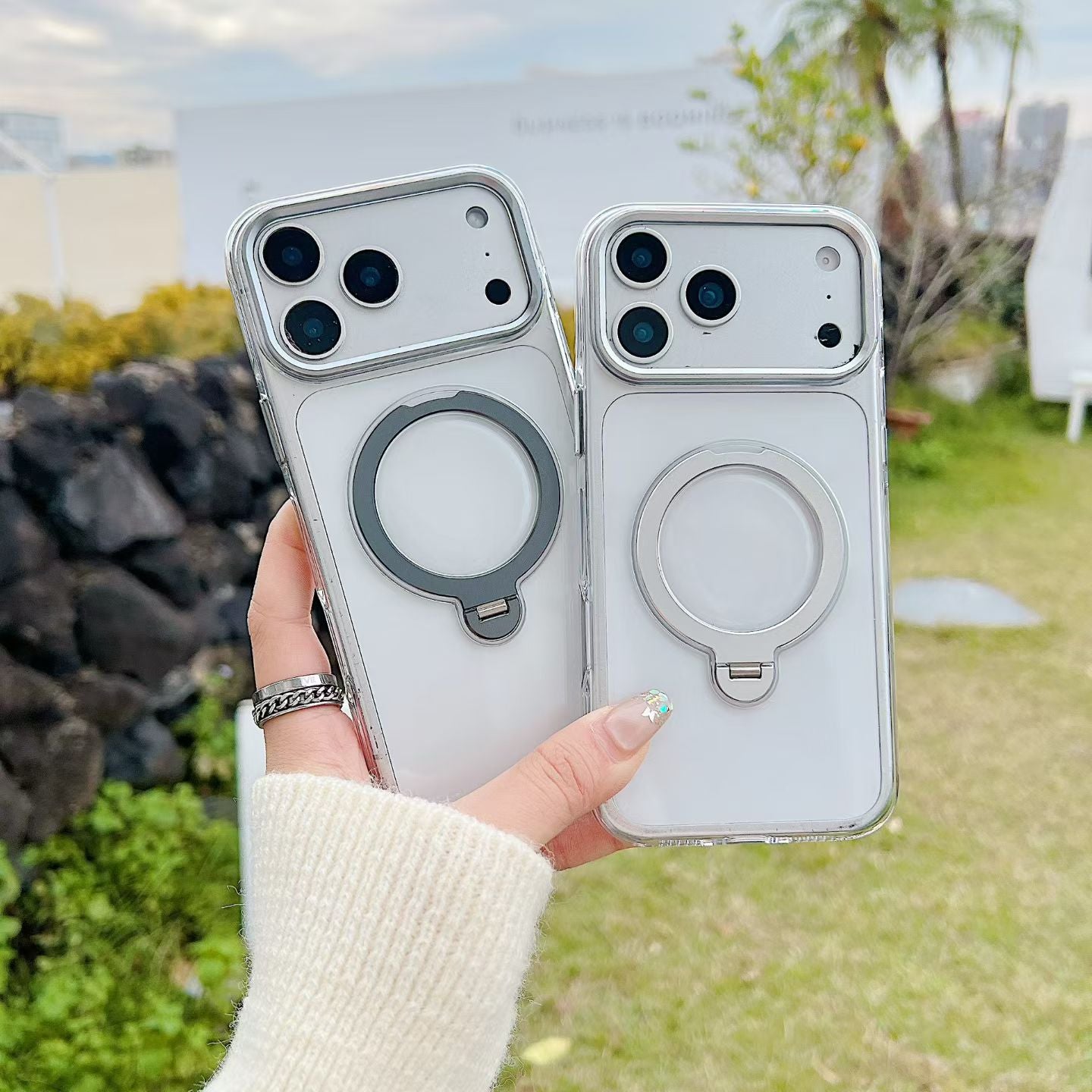 IPhone 13 pro max Crystal Clear MagSafe Case with Rotating Magnetic Ring & Metallic Camera Frame