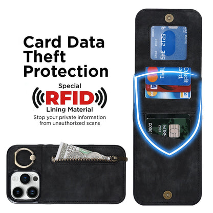 iphone 13 pro back wallet case with ring and zipper pocket RFID