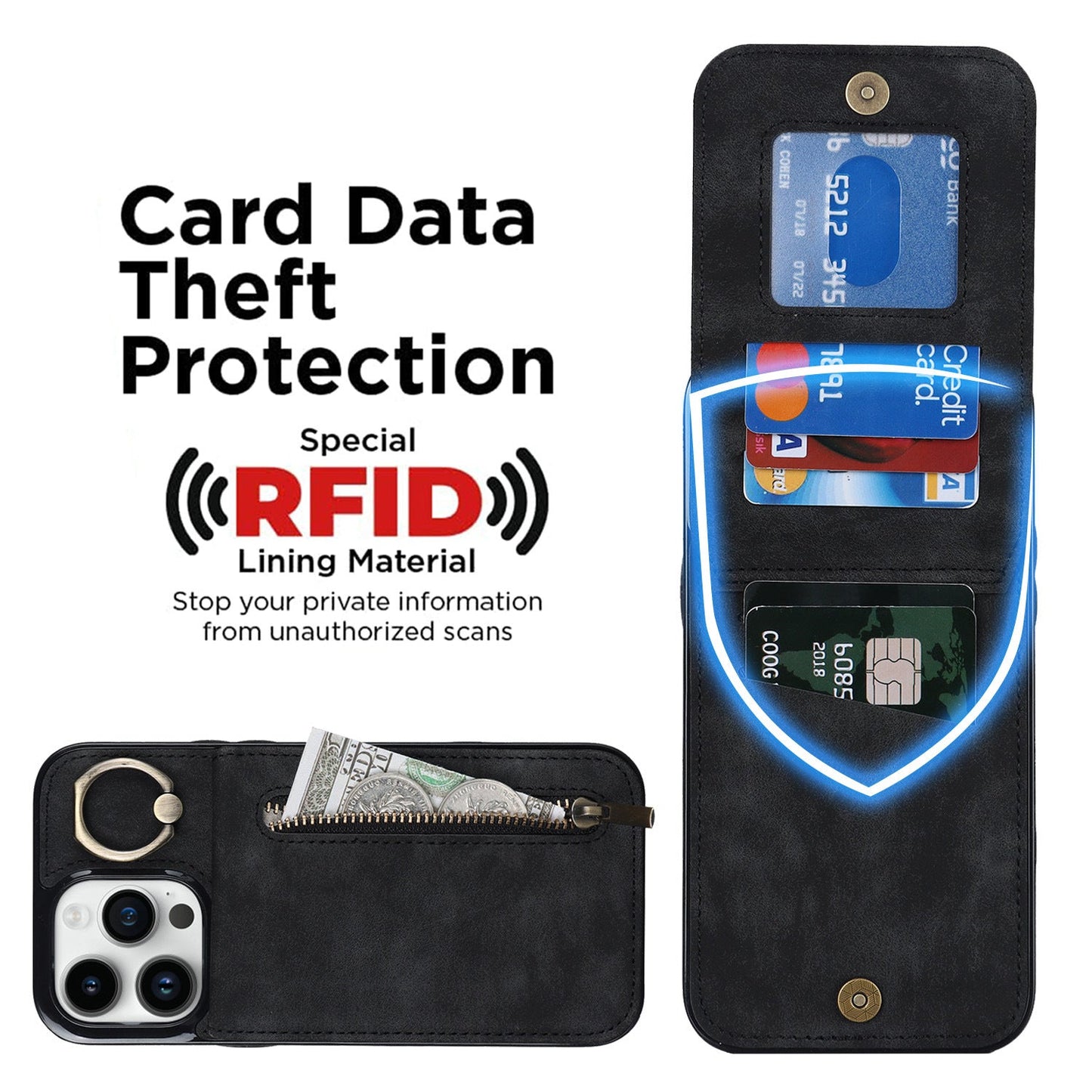 iphone 12 mini back wallet case with ring and zipper pocket RFID