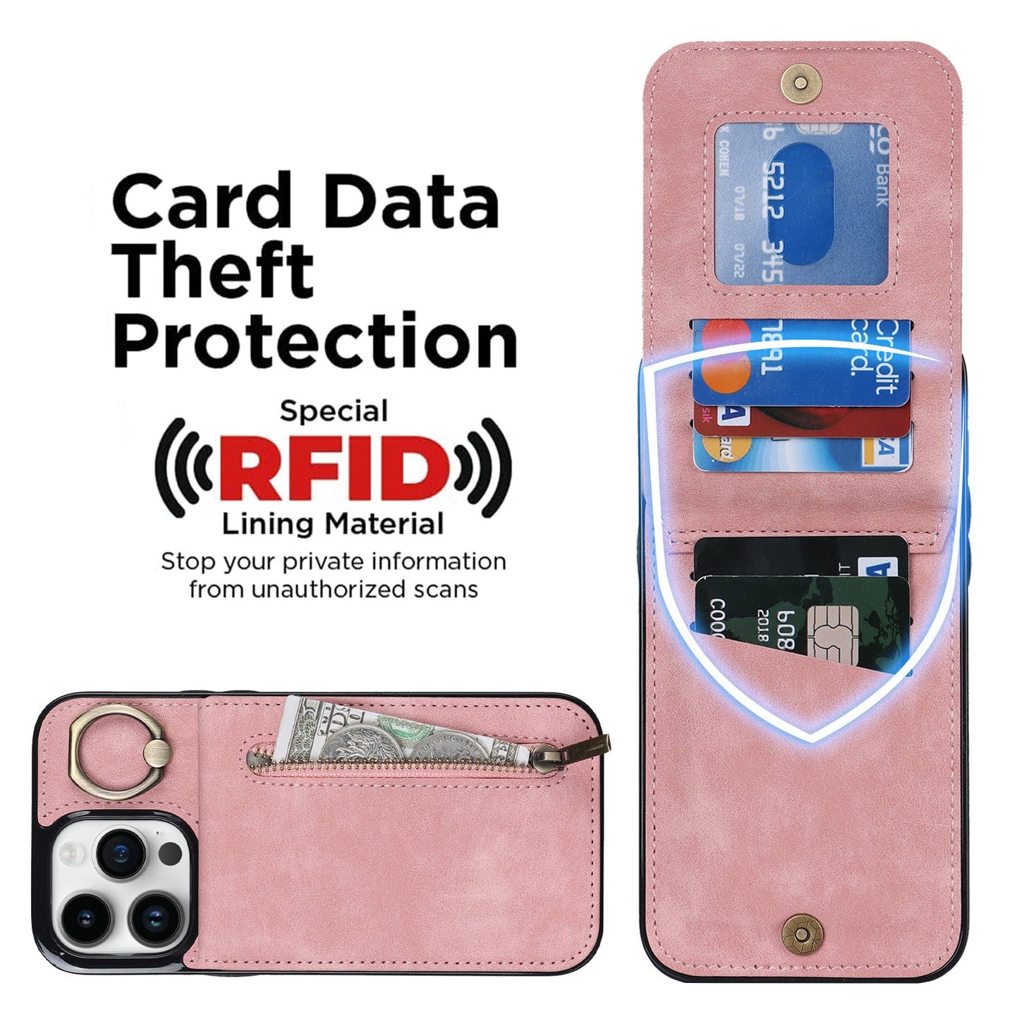iphone 11 pro back wallet case with ring and zipper pocket RFID