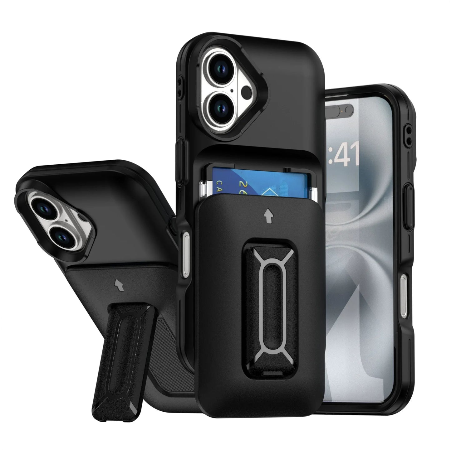 Iphone 16e dual layer case with 2 card compartment & dual position kickstand (B005)