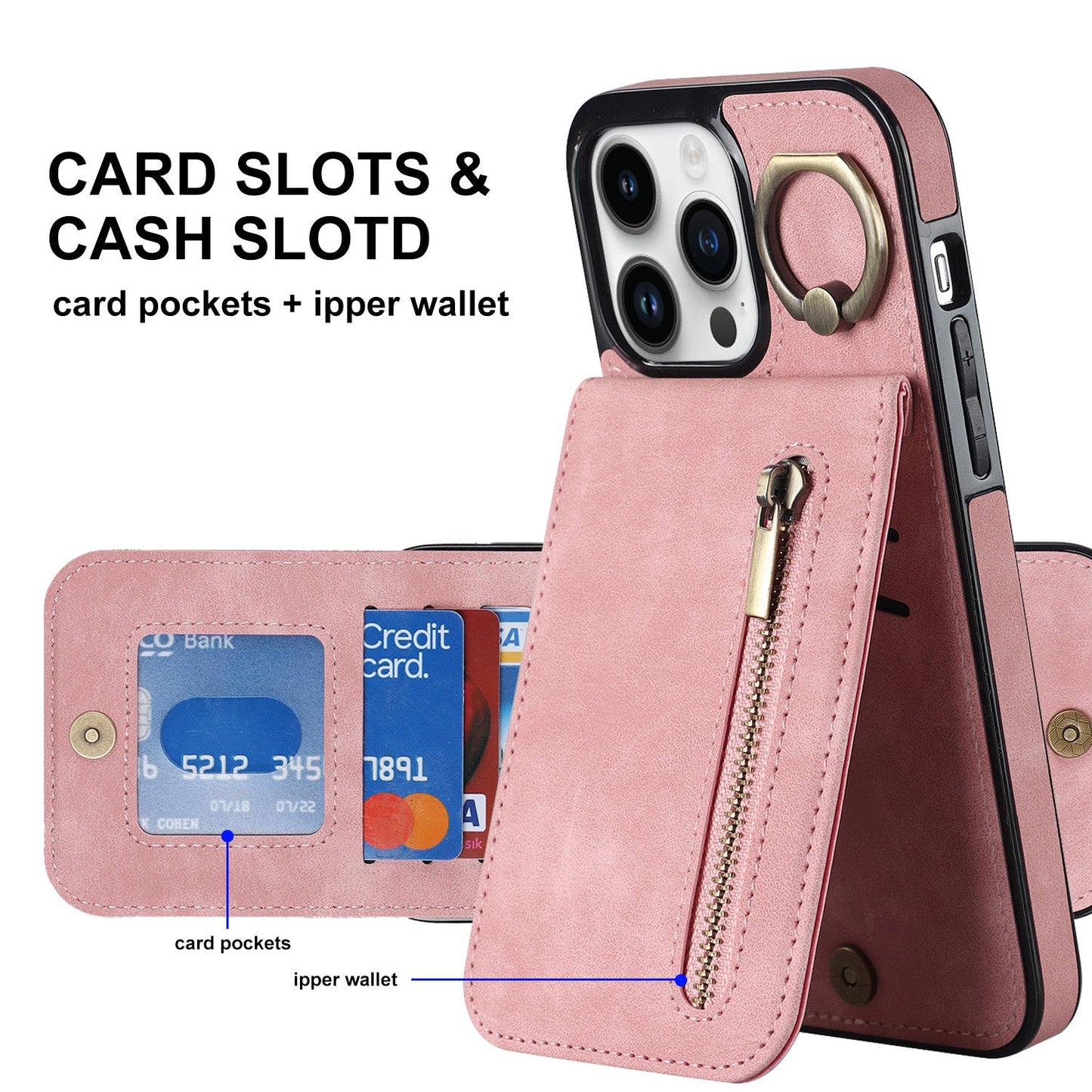 iphone 11 pro back wallet case with ring and zipper pocket RFID